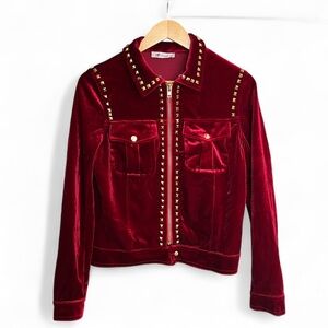 Red Velvet Jacket with Gold-toned Studs Glam Rock 80s
